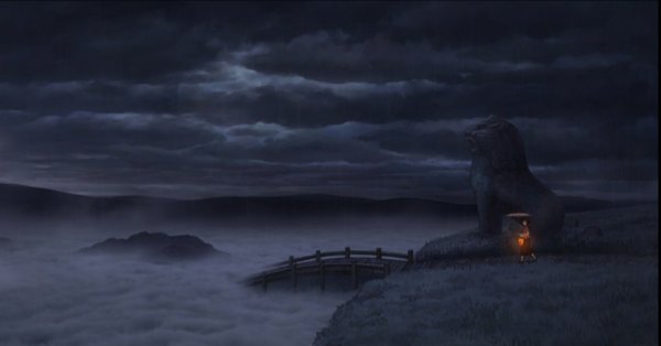 Anime picture 1211x635 with big fish and begonia chun single wide image cloud (clouds) night night sky dark background landscape fog girl lantern bridge