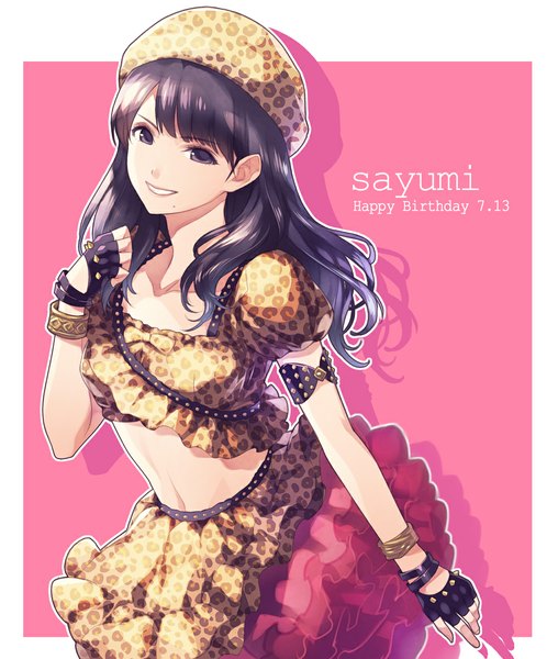 イラスト 1000x1181 と morning musume (group) michishige sayumi ヒエラポリスとパムッカレ ソロ 長髪 長身像 カメラ目線 前髪 笑顔 紫目 purple hair inscription ほくろ teeth 影 へそ出し puffy sleeves border pink background outside border