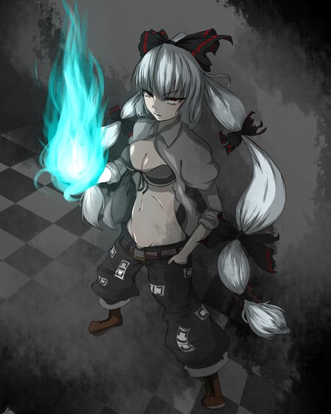 Anime picture 1600x2000 with touhou fujiwara no mokou long hair tall image breasts light erotic red eyes white hair checkered floor girl bow bikini top fire flame