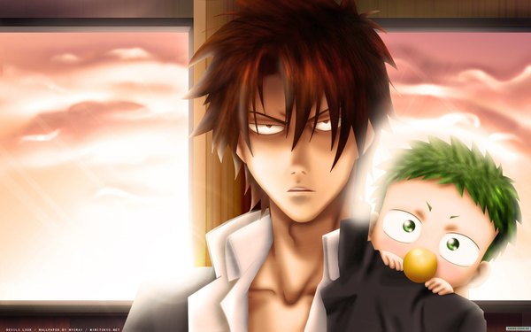 Anime picture 1920x1200 with beelzebub studio pierrot oga tatsumi beelzebub iv highres short hair open mouth brown hair wide image green eyes sky green hair boy suit child (children)