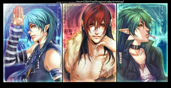 Anime picture 2044x1056 with original sakimichan highres short hair wide image yellow eyes red hair profile green hair pointy ears realistic aqua hair multiple boys piercing border striped multiview column lineup boy detached sleeves