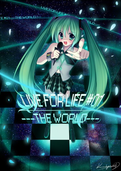Anime picture 1000x1414 with vocaloid hatsune miku caidychen single long hair tall image looking at viewer blush open mouth twintails bare shoulders green eyes green hair inscription teeth fang (fangs) checkered floor pointing girl thighhighs