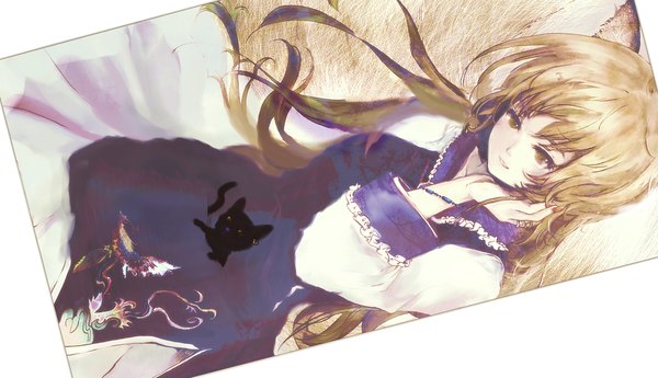 Anime picture 1650x950 with touhou yakumo ran chen chen (cat) windhide single long hair looking at viewer breasts simple background blonde hair wide image animal ears yellow eyes tail long sleeves nail polish head tilt animal tail light smile