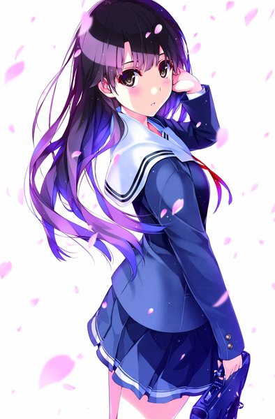 Anime picture 2760x4200 with saenai heroine no sodatekata a-1 pictures katou megumi misaki kurehito single long hair tall image blush fringe highres simple background standing white background brown eyes purple hair parted lips pleated skirt looking back from behind official art