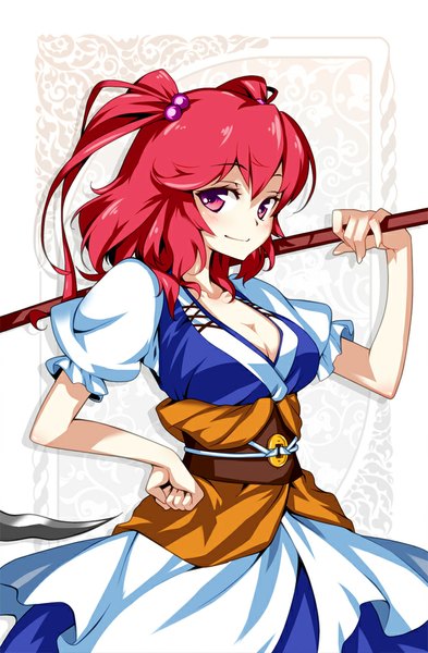 Anime picture 655x1000 with touhou onozuka komachi hong (white spider) single tall image looking at viewer blush short hair smile red eyes cleavage red hair two side up hand on hip weapon over shoulder girl hair ornament weapon hair tie hair bobbles
