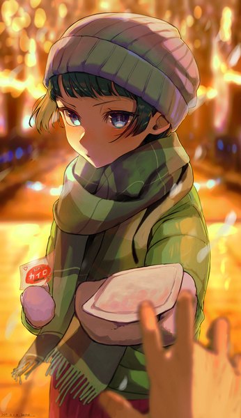 Anime picture 2360x4093 with kusuriya no hitorigoto maomao (kusuriya no hitorigoto) ino shishi tall image blush highres short hair blue eyes outdoors green hair alternate costume solo focus outstretched hand pov contemporary girl scarf cap mittens