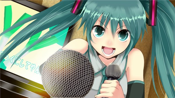 Anime picture 1920x1080 with vocaloid hatsune miku single long hair highres open mouth wide image twintails aqua eyes aqua hair girl detached sleeves microphone