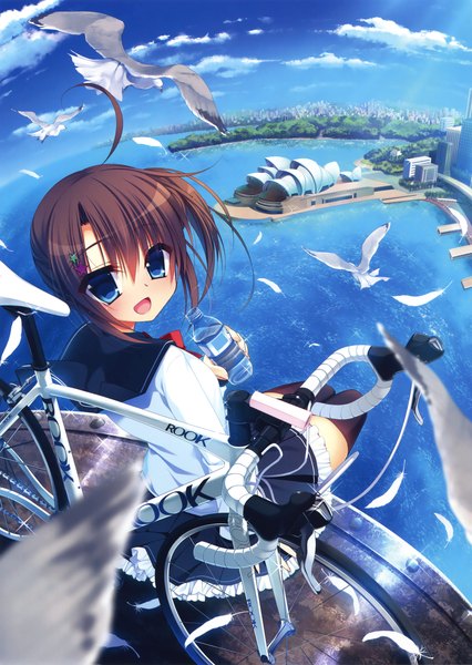 Anime picture 2345x3300 with original eshi 100-nin ten nanaka mai single tall image blush highres short hair open mouth blue eyes sitting ahoge wind zettai ryouiki turning head city landscape scenic fisheye australia