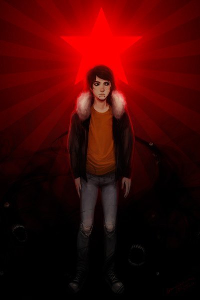 Anime picture 1611x2409 with original amsbt single tall image short hair brown hair standing black eyes realistic piercing red background demon eyes lip piercing boy jacket star (symbol) t-shirt jeans