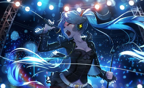 Anime picture 1500x921 with vocaloid hatsune miku qys3 single breasts open mouth wide image twintails holding payot cleavage ahoge eyes closed long sleeves very long hair profile pleated skirt aqua hair open clothes open jacket