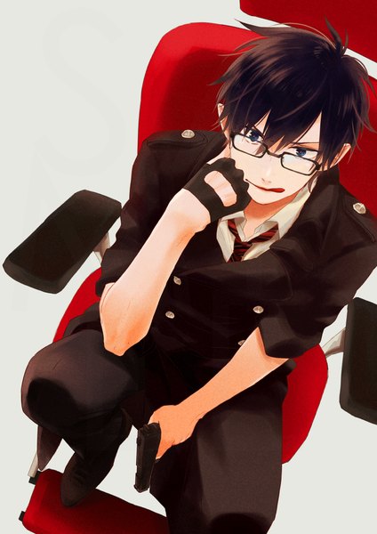 Anime picture 1500x2121 with ao no exorcist a-1 pictures okumura yukio sotoko (artist) single tall image fringe short hair blue eyes brown hair sitting holding from above licking boy gloves weapon black gloves shoes tongue