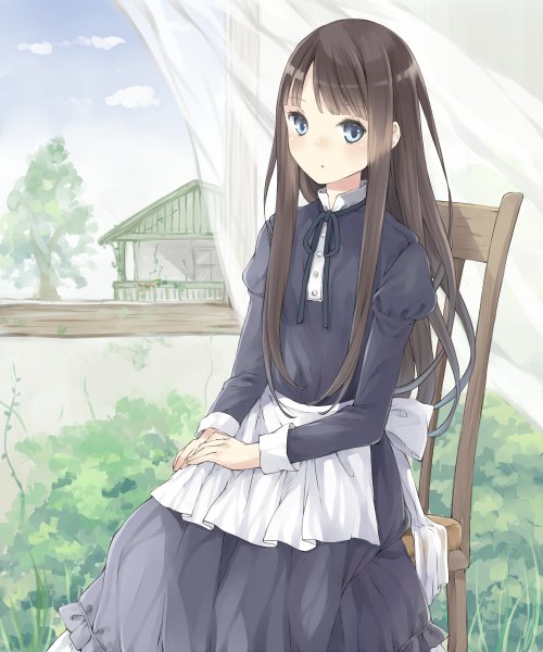 Anime picture 1000x1200 with original aquariumtama single long hair tall image looking at viewer blue eyes black hair sitting girl dress apron