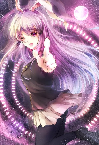 Anime picture 800x1173 with touhou reisen udongein inaba kotonoman single long hair tall image looking at viewer blush open mouth purple eyes animal ears purple hair one eye closed wink bunny ears magic bunny girl pointing danmaku girl
