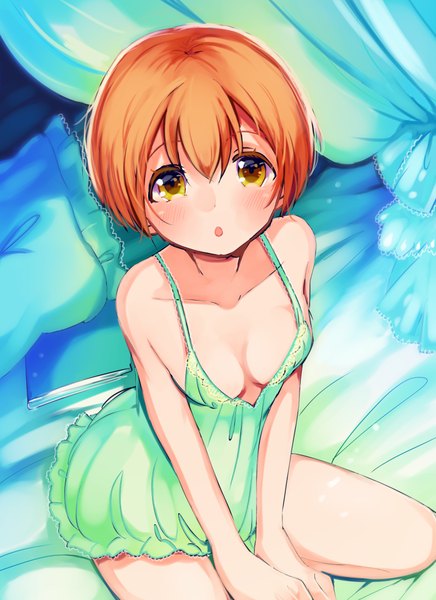 Anime picture 1600x2200 with love live! school idol project sunrise (studio) love live! hoshizora rin miyukiyo single tall image looking at viewer blush short hair breasts open mouth light erotic sitting yellow eyes cleavage orange hair :o girl pillow