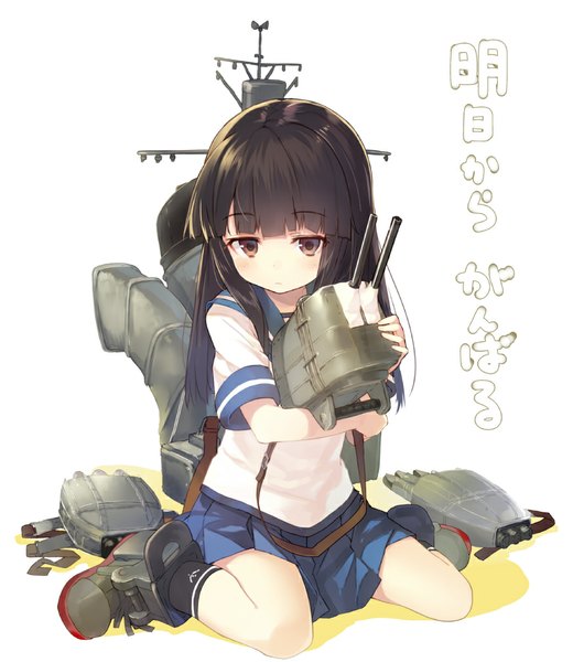 Anime picture 875x1009 with kantai collection hatsuyuki destroyer shirabi single long hair tall image looking at viewer brown hair sitting brown eyes inscription wariza girl skirt weapon miniskirt boots gun sailor suit