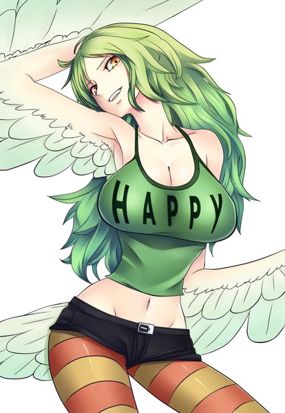 Anime picture 1500x2174 with one piece toei animation monet (one piece) lchrno single long hair tall image looking at viewer breasts light erotic simple background smile large breasts white background yellow eyes green hair bare belly armpit (armpits) midriff girl