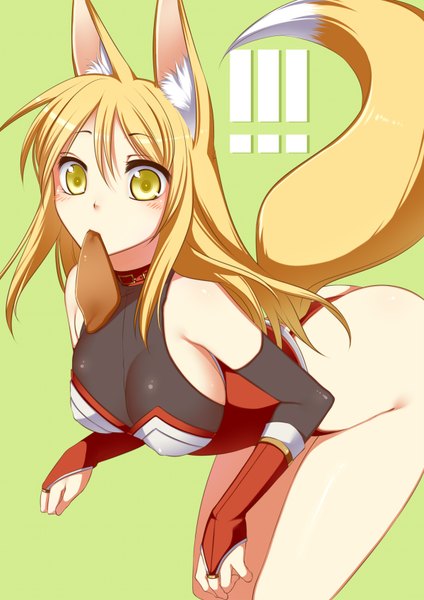 Anime picture 1200x1696 with original konshin single long hair tall image blush breasts light erotic blonde hair large breasts bare shoulders animal ears yellow eyes tail animal tail fox ears fox tail fox girl monster girl girl