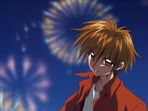 Anime picture 2040x1530 with mermaid melody pichi pichi pitch domoto kaito single looking at viewer highres short hair brown hair brown eyes blue background fireworks boy shirt