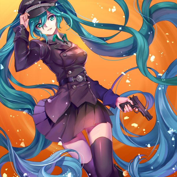 Anime picture 1200x1200 with vocaloid hatsune miku monogo single looking at viewer breasts simple background twintails holding very long hair pleated skirt aqua eyes fingernails aqua hair zettai ryouiki walking girl thighhighs skirt uniform