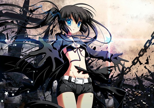 Anime picture 1191x842 with black rock shooter black rock shooter (character) shirakawako single long hair looking at viewer blush blue eyes black hair twintails glowing spread arms glowing eye (eyes) girl gloves navel shorts star (symbol) chain cloak