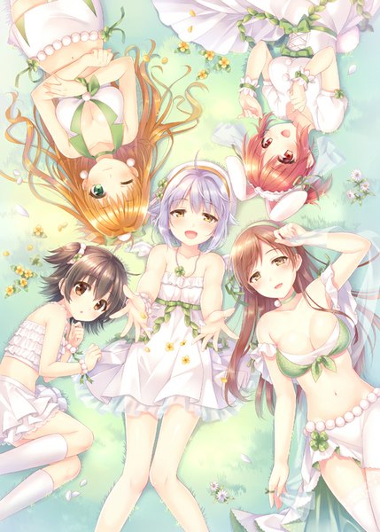 Anime picture 600x839 with idolmaster idolmaster cinderella girls nitta minami koshimizu sachiko abe nana akagi miria hino akane (idolmaster) k.y ko long hair tall image blush short hair open mouth light erotic black hair smile red eyes brown hair twintails bare shoulders