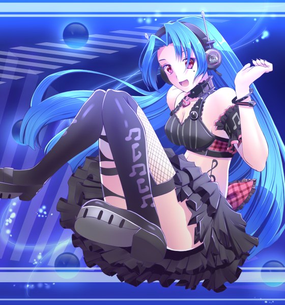 Anime picture 1400x1500 with choujigen game neptune 5pb (choujigen game neptune) koodai (nora shichini) long hair tall image open mouth light erotic red eyes blue hair girl thighhighs dress black thighhighs boots bracelet headphones