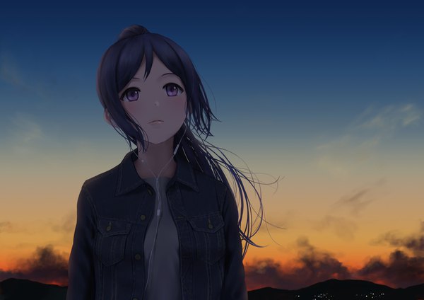 Anime picture 1520x1075 with love live! sunshine!! sunrise (studio) love live! matsuura kanan papi (papiron100) single long hair blush black hair purple eyes payot sky upper body ponytail open jacket evening looking up denim girl jacket