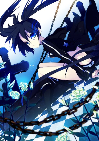 Anime picture 2894x4093 with black rock shooter black rock shooter (character) rugo single long hair tall image highres blue eyes black hair twintails glowing glowing eye (eyes) checkered floor girl flower (flowers) jacket shorts chain