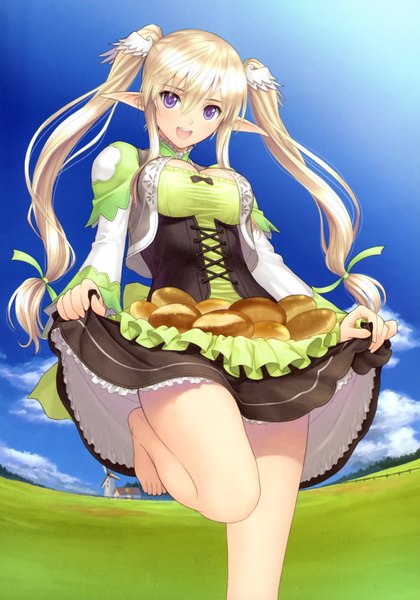 Anime picture 4339x6201 with shining (series) shining ark shannon (shining ark) tony taka single long hair tall image blush highres open mouth blonde hair purple eyes twintails absurdres sky cloud (clouds) barefoot pointy ears girl dress