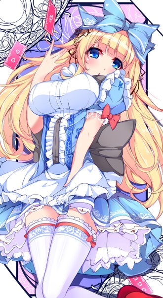 Anime picture 784x1422 with original minamon (vittel221) single long hair tall image looking at viewer blush breasts blue eyes blonde hair large breasts girl thighhighs dress bow hair bow white thighhighs frills