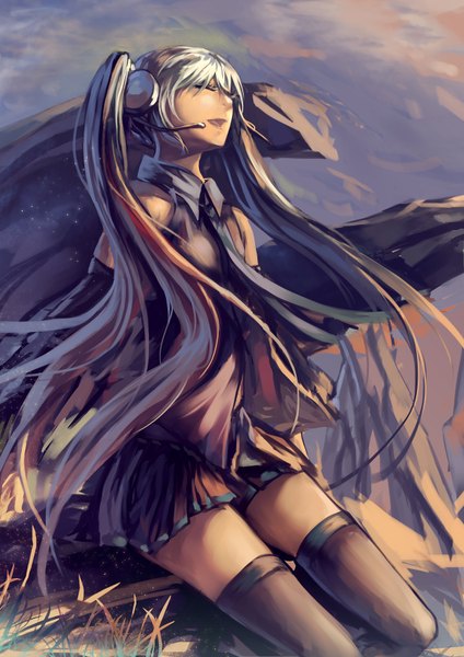 Anime picture 2480x3508 with vocaloid hatsune miku mou kankan (tims1111) single long hair tall image fringe highres open mouth sitting twintails sky cloud (clouds) eyes closed pleated skirt sunlight aqua hair singing girl thighhighs