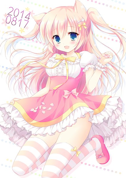 Anime picture 752x1062 with original hasekura chiaki single long hair tall image looking at viewer blush open mouth blue eyes light erotic simple background animal ears pink hair cat ears fang (fangs) dated girl thighhighs dress bow