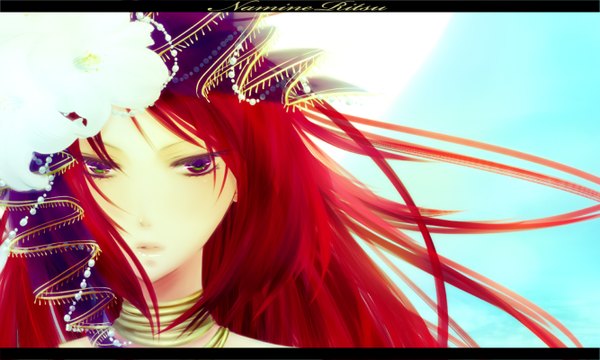 Anime picture 1333x800 with utau namine ritsu levi77 single long hair open mouth wide image purple eyes looking away red hair hair flower face otoko no ko weightlessness boy hair ornament necklace