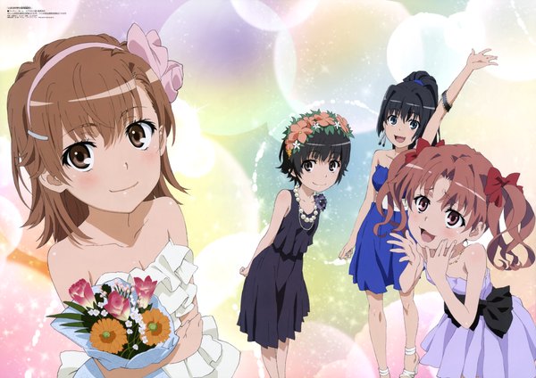 Anime picture 8598x6085 with to aru kagaku no railgun j.c. staff megami magazine misaka mikoto shirai kuroko saten ruiko uiharu kazari long hair highres short hair open mouth black hair brown hair multiple girls brown eyes absurdres black eyes official art girl dress