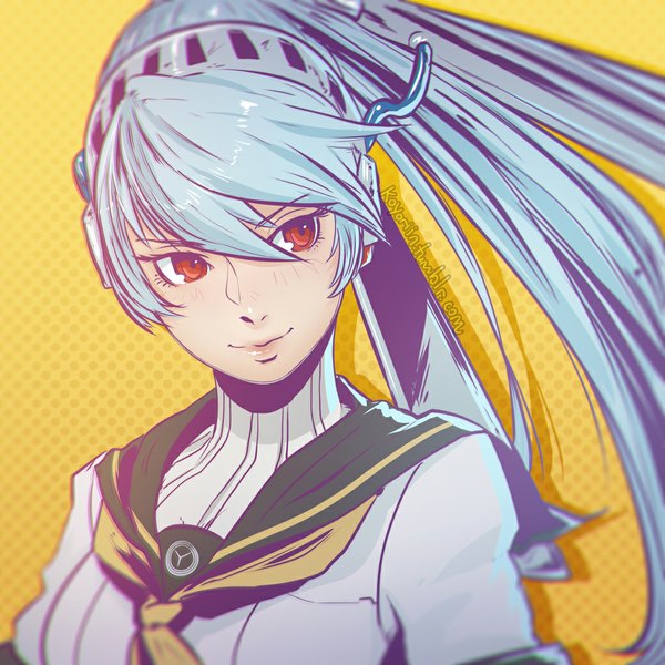 Anime picture 1024x1024 with persona 4 persona labrys koyoriin single long hair blush fringe smile red eyes signed blue hair looking away upper body ponytail lips polka dot yellow background girl uniform