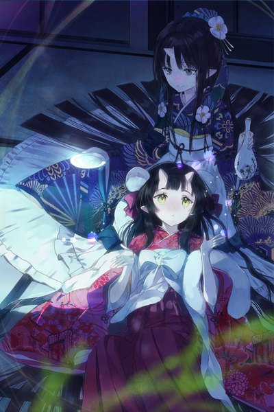 Anime picture 700x1051 with original macciatto (aciel02) tall image black hair sitting multiple girls yellow eyes indoors lying very long hair traditional clothes japanese clothes horn (horns) light smile black eyes night on back oni horns girl 2 girls