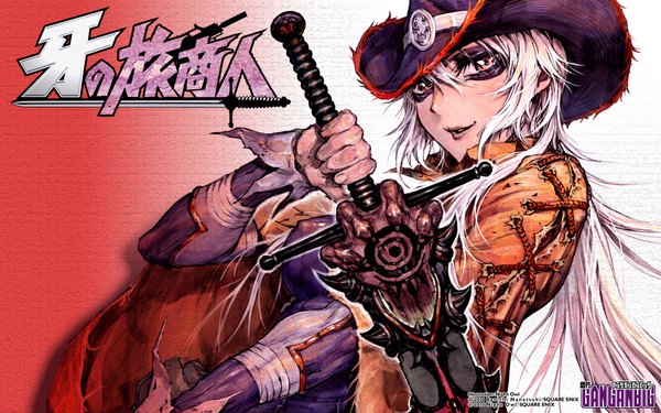 Anime picture 1920x1200 with kiba no tabishounin - the arms peddler (manga) garami single long hair blush highres open mouth blonde hair wide image light smile inscription red background girl weapon hat cloak huge weapon huge sword cowboy hat