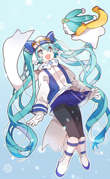 Anime picture 600x974 with vocaloid hatsune miku yuki miku rabbit yukine yuki miku (2016) piyo (ppotatto) single tall image open mouth simple background twintails full body very long hair aqua eyes aqua hair snowing looking up blue background goggles on head girl