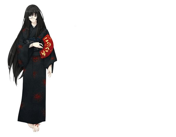 Anime picture 1024x800 with innocent grey yomiko (innocent grey) sugina miki single long hair black hair standing white background holding brown eyes traditional clothes japanese clothes no shoes girl eyepatch fan yukata