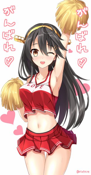 Anime picture 592x1138 with kantai collection haruna battleship rin yuu single long hair tall image looking at viewer blush fringe breasts open mouth black hair simple background smile hair between eyes large breasts white background bare shoulders brown eyes signed