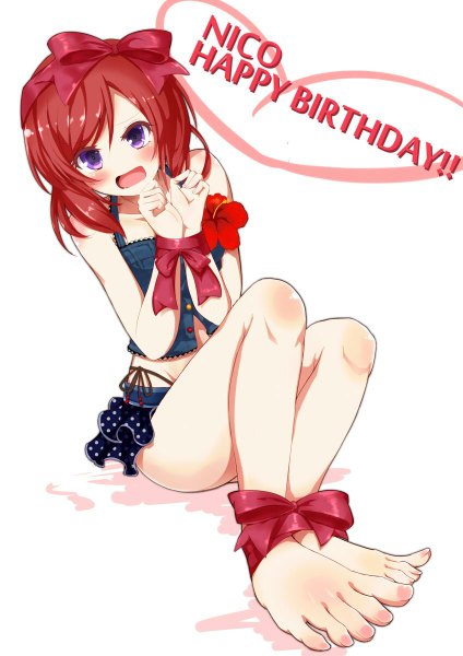 Anime picture 848x1200 with love live! school idol project sunrise (studio) love live! nishikino maki single tall image looking at viewer blush short hair open mouth light erotic simple background white background sitting purple eyes bare shoulders red hair barefoot happy birthday wrong feet