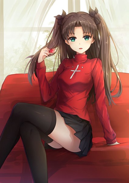 Anime picture 636x900 with fate (series) fate/stay night type-moon toosaka rin byakuya reki single long hair tall image blush smile brown hair twintails green eyes parted lips pleated skirt crossed legs girl thighhighs skirt bow