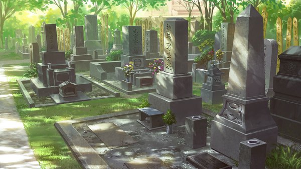 Anime picture 1280x720 with original dao dao wide image sunlight no people flower (flowers) plant (plants) tree (trees) bouquet cemetery tombstone