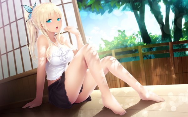 Anime picture 1920x1200 with boku wa tomodachi ga sukunai kashiwazaki sena cait single long hair looking at viewer highres open mouth blue eyes blonde hair wide image sitting bare shoulders ponytail nail polish barefoot bare legs wallpaper summer blue nail polish