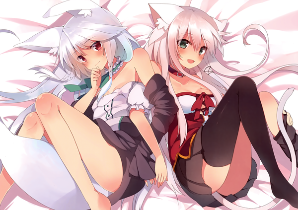 Anime picture 4253x3000 with original anceril sacred mishima kurone long hair blush highres open mouth light erotic red eyes multiple girls green eyes animal ears absurdres white hair animal tail legs girl thighhighs skirt black thighhighs
