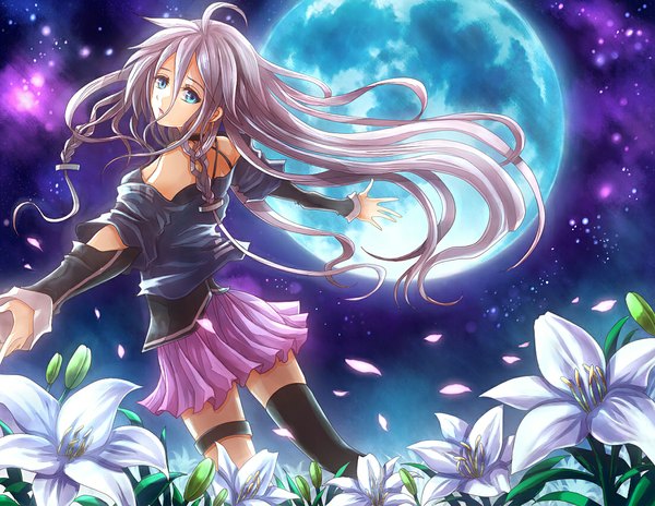 Anime picture 1100x851 with vocaloid ia (vocaloid) yohz single looking at viewer open mouth blue eyes blonde hair very long hair looking back spread arms girl flower (flowers) miniskirt petals moon star (stars) full moon lily (flower)
