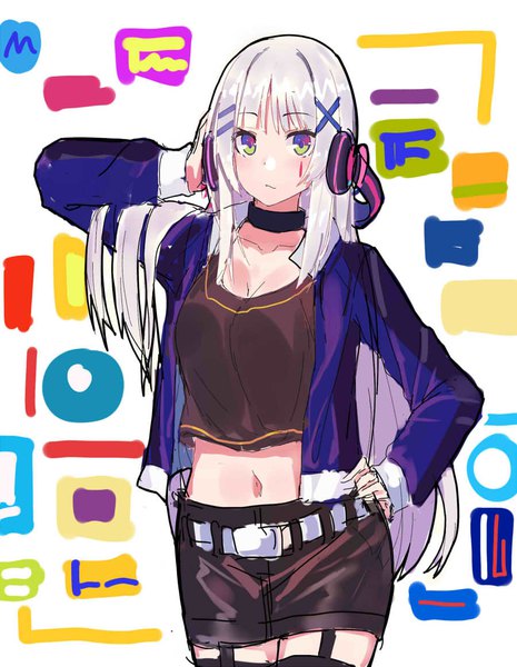 Anime picture 900x1160 with girls frontline hk416 (girls frontline) echj single long hair tall image fringe cleavage silver hair blunt bangs open jacket midriff hand on hip facial mark multicolored eyes hand on headphones girl thighhighs skirt black thighhighs