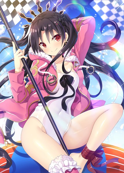 Anime picture 932x1300 with fate (series) fate/grand order toosaka rin ishtar (fate) ishtar (swimsuit rider) (fate) yano mitsuki single long hair tall image looking at viewer blush fringe breasts light erotic black hair hair between eyes red eyes sitting sky bent knee (knees)