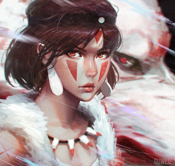 Anime picture 900x857 with mononoke hime studio ghibli san moro no kimi guweiz single looking at viewer short hair black hair red eyes lips close-up girl earrings animal necklace wolf