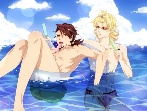Anime picture 1335x1014 with tiger & bunny sunrise (studio) kaburagi t. kotetsu barnaby brooks jr. d!o (junxxxdio) short hair open mouth light erotic blonde hair brown hair green eyes yellow eyes cloud (clouds) multiple boys topless eating afloat swimming boy hair ornament